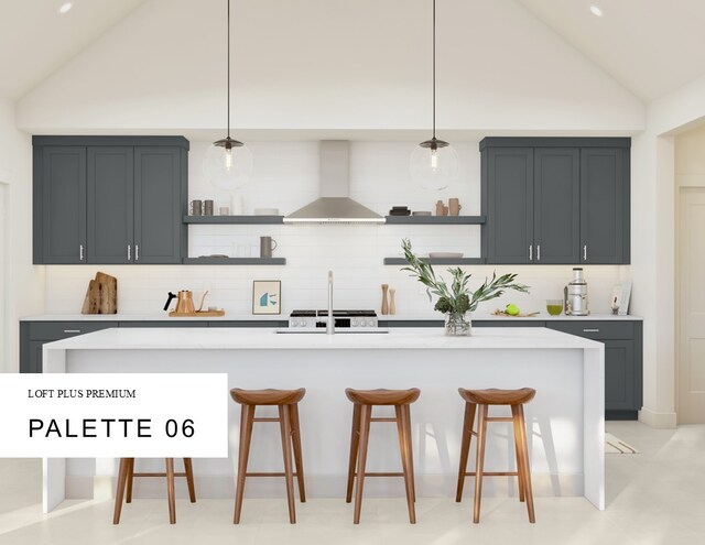 kitchen featuring a breakfast bar area, open shelves, wall chimney exhaust hood, and tasteful backsplash