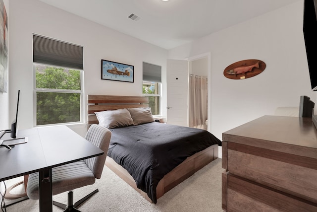 carpeted bedroom with multiple windows and visible vents