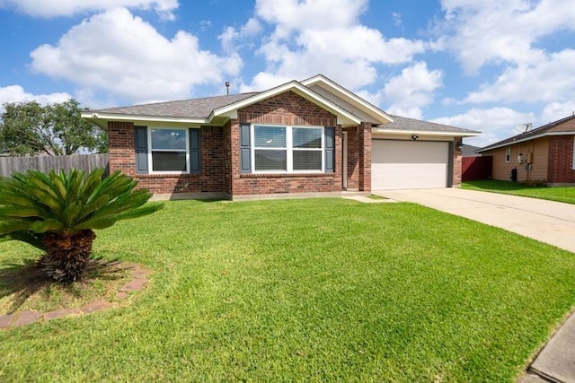 view of front of home with fence, brick siding, a garage, a front yard, and concrete driveway