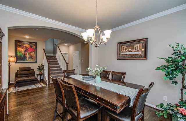 7610 River Pass Dr, Pearland, TX 77581 - dining space featuring crown molding, baseboards, stairway, dark wood-type flooring, and arched walkways