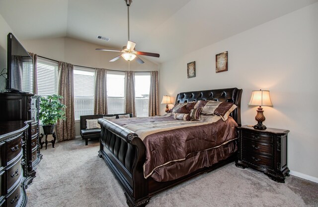 7610 River Pass Dr, Pearland, TX 77581 - bedroom featuring carpet floors, visible vents, baseboards, a ceiling fan, and vaulted ceiling