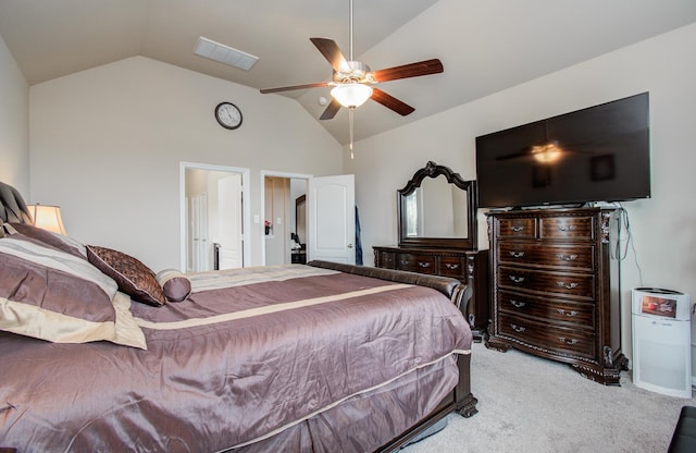 7610 River Pass Dr, Pearland, TX 77581 - bedroom featuring a ceiling fan, visible vents, light carpet, and vaulted ceiling