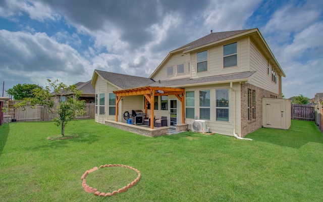 7610 River Pass Dr, Pearland, TX 77581 - rear view of property featuring a lawn, a patio, brick siding, a fenced backyard, and a pergola