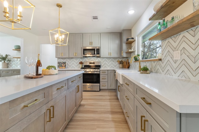 kitchen with open shelves, a sink, a chandelier, gray cabinets, and stainless steel appliances