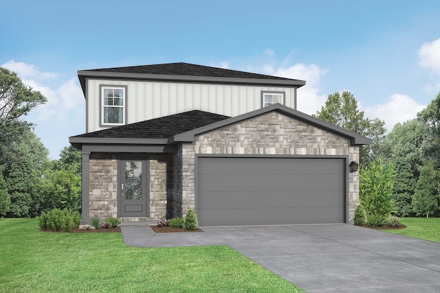view of front of home with a shingled roof, stone siding, a garage, a front yard, and driveway