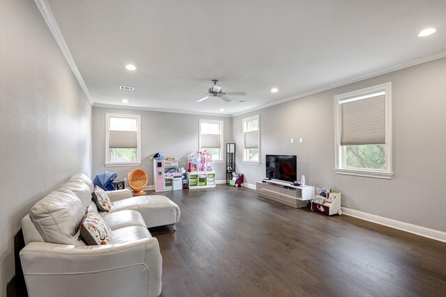 living room with visible vents, crown molding, dark wood finished floors, baseboards, and recessed lighting