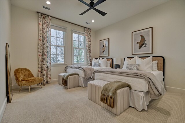 carpeted bedroom with visible vents, recessed lighting, baseboards, and ceiling fan