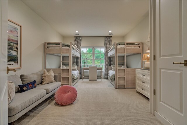 bedroom with recessed lighting, visible vents, and light carpet