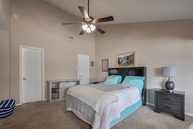 182 April Point Dr N, Conroe, TX 77356 - bedroom with high vaulted ceiling, visible vents, baseboards, and carpet