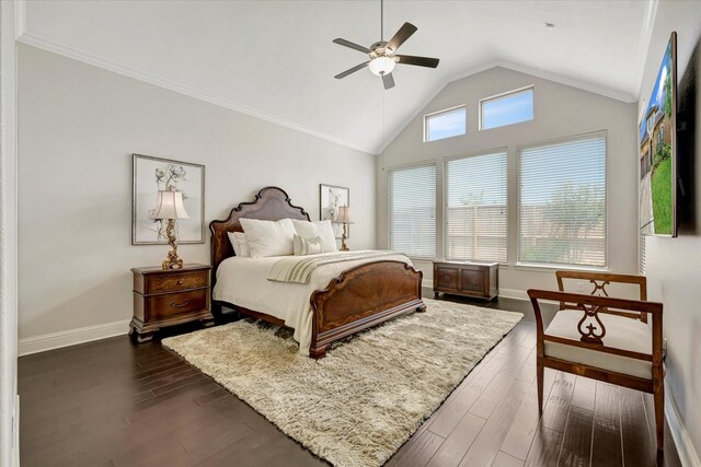 bedroom with baseboards, a ceiling fan, dark wood-type flooring, and lofted ceiling