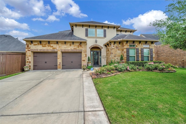 view of front of house featuring an attached garage, stone siding, stucco siding, a front yard, and driveway