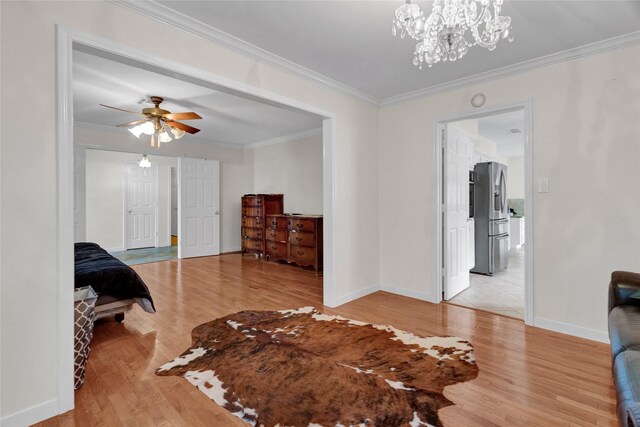 bedroom with crown molding, a notable chandelier, light wood finished floors, stainless steel fridge with ice dispenser, and baseboards