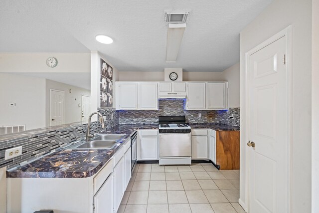 kitchen featuring a sink, dark countertops, backsplash, and white range with gas stovetop