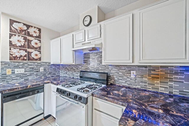 kitchen with white cabinets, dark countertops, dishwasher, under cabinet range hood, and white range with gas cooktop