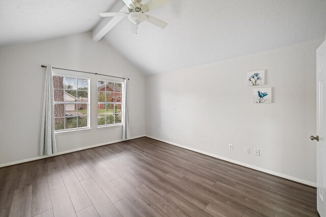 unfurnished room with baseboards, lofted ceiling with beams, a ceiling fan, and dark wood-style floors