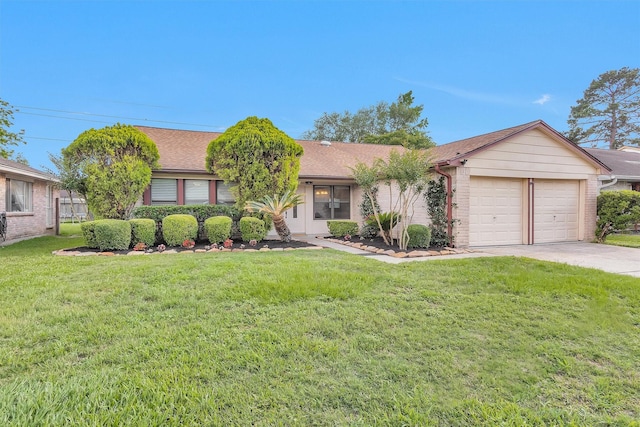 ranch-style house featuring a garage, brick siding, a front lawn, concrete driveway, and a shingled roof