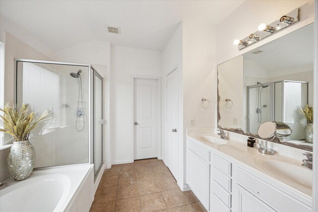 bathroom with a sink, a shower stall, a garden tub, and visible vents