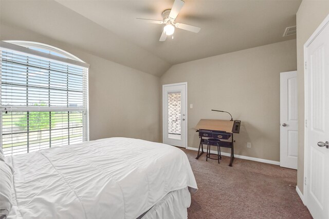 carpeted bedroom with visible vents, baseboards, ceiling fan, and lofted ceiling