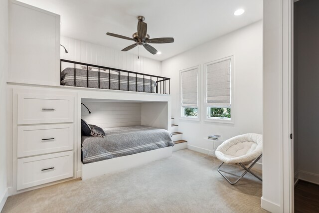 bedroom featuring baseboards, carpet flooring, a ceiling fan, and recessed lighting