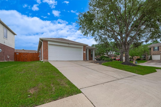 single story home featuring fence, brick siding, a garage, a front yard, and driveway