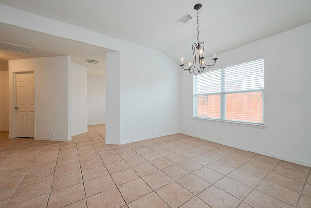 unfurnished room featuring an inviting chandelier, light tile patterned flooring, and visible vents