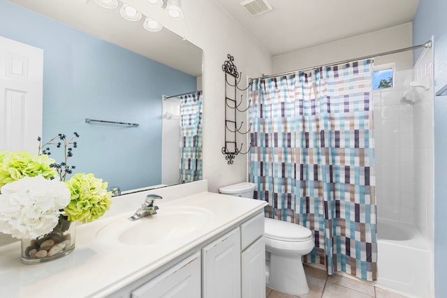 full bath with visible vents, tile patterned flooring, vanity, toilet, and shower / tub combo with curtain