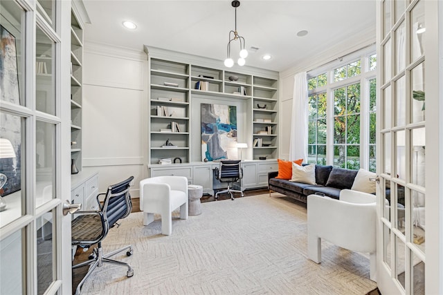 office area with recessed lighting and built in shelves