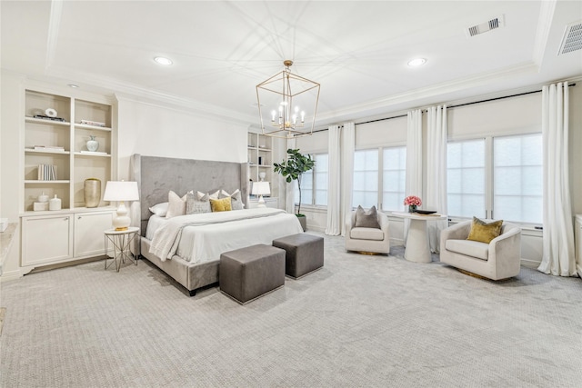 bedroom featuring visible vents, crown molding, carpet floors, a chandelier, and recessed lighting