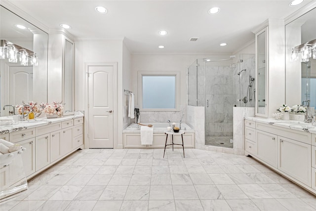 bathroom with recessed lighting, ornamental molding, and a shower stall