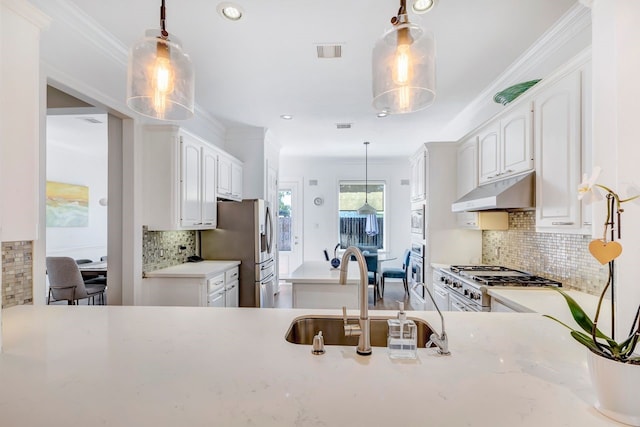 1267 Sopris Dr, Houston, TX 77077 - kitchen with under cabinet range hood, appliances with stainless steel finishes, a sink, tasteful backsplash, and white cabinets