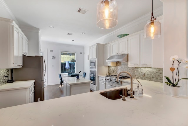 1267 Sopris Dr, Houston, TX 77077 - kitchen with stainless steel appliances, under cabinet range hood, a sink, a kitchen island, and tasteful backsplash