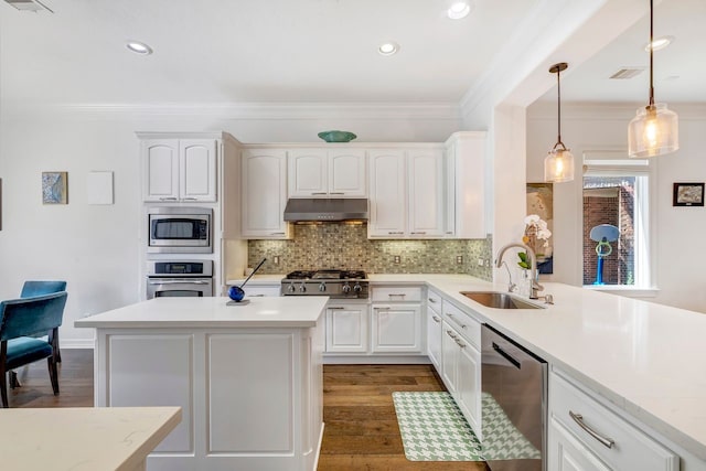 1267 Sopris Dr, Houston, TX 77077 - kitchen featuring appliances with stainless steel finishes, a sink, under cabinet range hood, ornamental molding, and tasteful backsplash