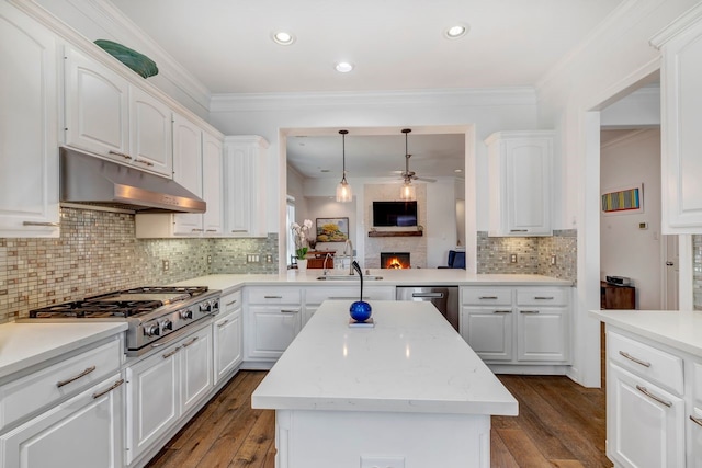 1267 Sopris Dr, Houston, TX 77077 - kitchen with under cabinet range hood, appliances with stainless steel finishes, a ceiling fan, a kitchen island, and white cabinetry