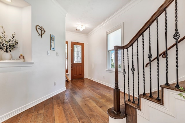 1267 Sopris Dr, Houston, TX 77077 - entrance foyer with baseboards, wood-type flooring, ornamental molding, and stairway