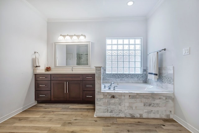 1267 Sopris Dr, Houston, TX 77077 - bathroom featuring vanity, crown molding, a bath, wood finished floors, and recessed lighting