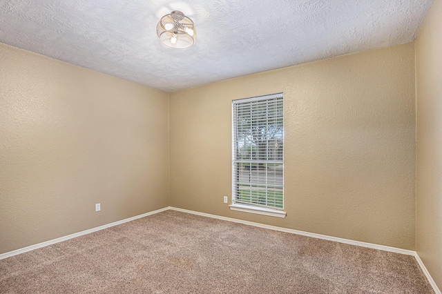 empty room featuring baseboards, a textured wall, and carpet