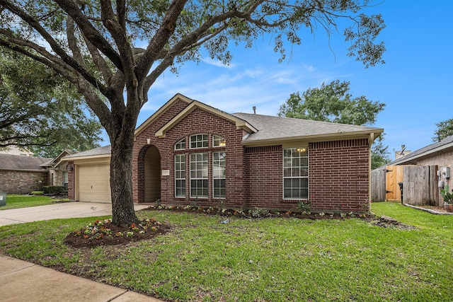 view of front facade featuring concrete driveway, brick siding, an attached garage, and fence