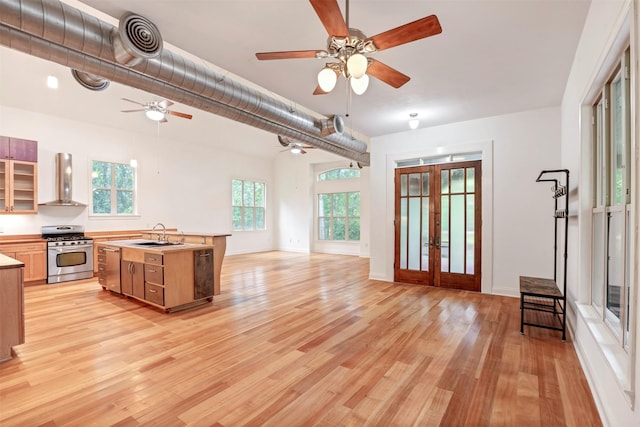 kitchen with ceiling fan, a sink, light wood-style floors, french doors, and stainless steel appliances