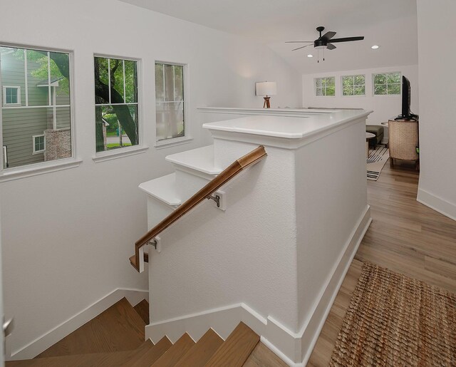 stairs with ceiling fan, baseboards, plenty of natural light, and wood finished floors