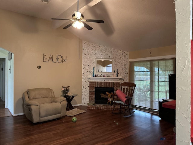 4060 Dubuque Pkwy, Rosharon, TX 77583 - living room featuring arched walkways, ceiling fan, wood finished floors, and lofted ceiling