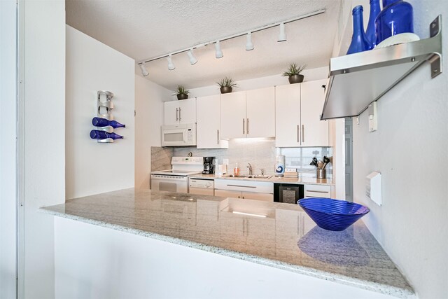 kitchen featuring light stone counters, a sink, white appliances, rail lighting, and decorative backsplash