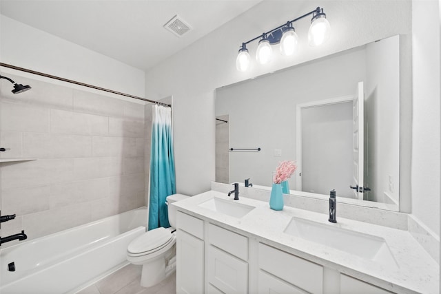 full bathroom featuring visible vents, a sink, shower / bathtub combination with curtain, and toilet