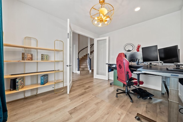 home office with an inviting chandelier, baseboards, recessed lighting, and wood finished floors