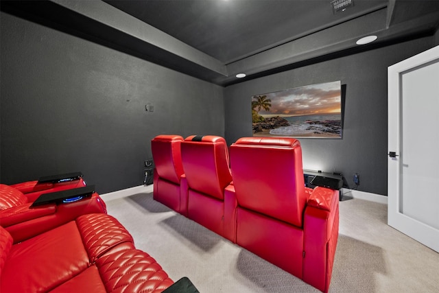cinema featuring carpet floors, a raised ceiling, baseboards, and recessed lighting