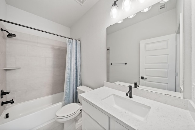 full bath featuring visible vents, shower / bath combination with curtain, toilet, and vanity