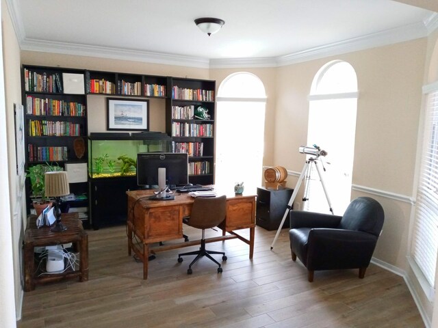 home office featuring crown molding and wood finished floors
