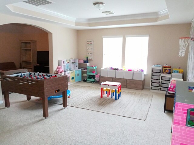 rec room with crown molding, arched walkways, and a raised ceiling