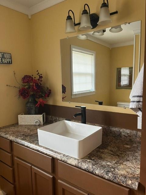 half bathroom with vanity, ornamental molding, and toilet