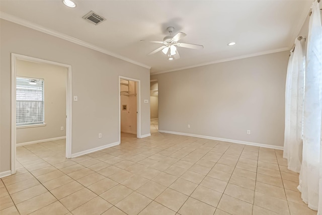 interior space with crown molding, recessed lighting, light tile patterned flooring, and visible vents