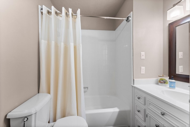 bathroom with vanity, toilet, and shower / bath combination with curtain